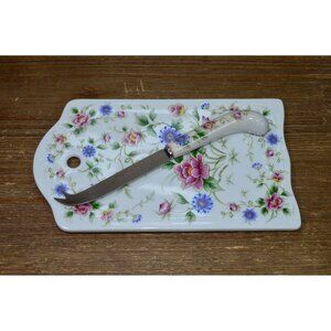 Vintage Japan Floral Porcelain Cheese Tray & Knife Andrea Sadek Plate Trivet